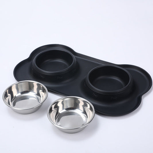 HKM-3943101 Silicone Non-Slip Pet Bowl with Stainless Steel Insert - Available in Black and Blue Sizes S, M, L