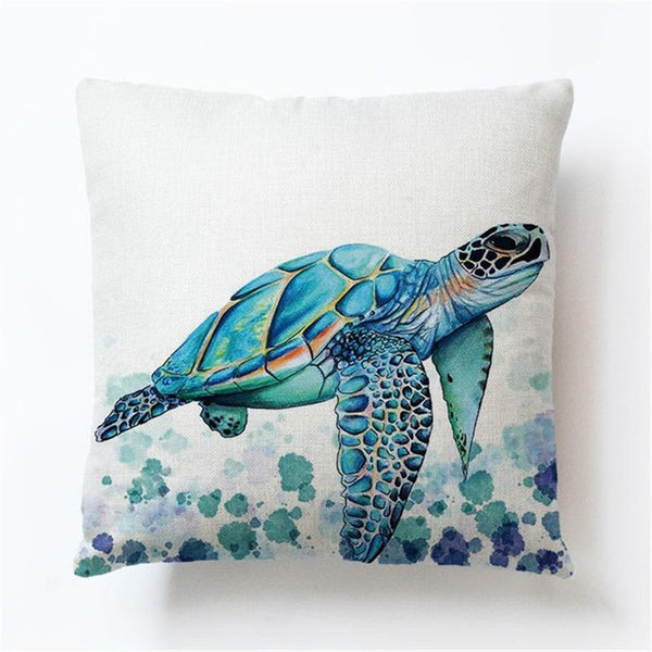 HKM-394387 Turtle Print Polyester Cushion Cover with Hidden Zipper - One-Sided Design, Pure White Fabric