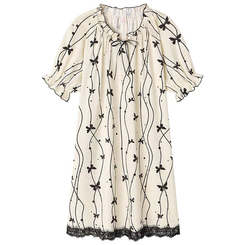 HKM-394707 2024 Summer Cotton Girls Nightgowns Lady Pajamas Sets for Women Short-sleeved Nightdress