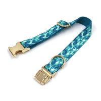 HKM-3948477 Agate Green Striped Dog Collar and Leash Set with Gold Buckle