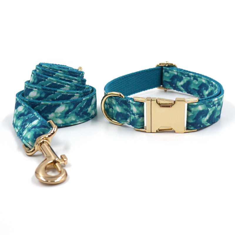 HKM-3948477 Agate Green Striped Dog Collar and Leash Set with Gold Buckle