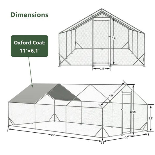 HKM-3952317 Large Walk-In Chicken Coop with Waterproof Cover – Galvanized Wire Hen Pen for Poultry, Rabbits, and Ducks (10' L x 20' W x 6.56' H)