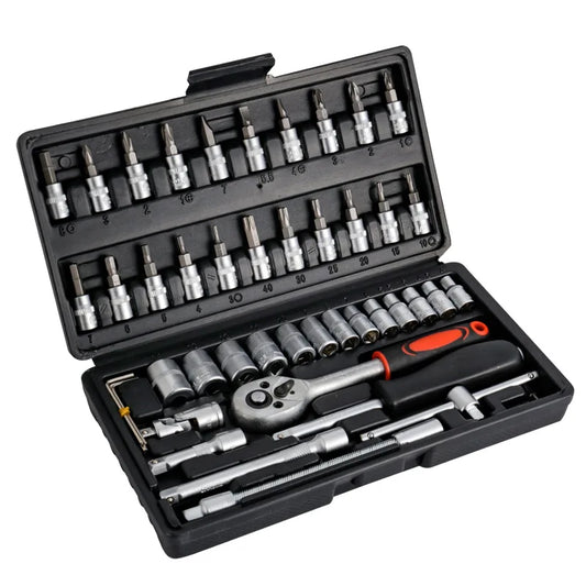 HKM-395347 46-Piece Auto Repair Tool Kit with 1/4-Inch Socket Set and Ratchet Torque Wrench in Convenient Storage Case