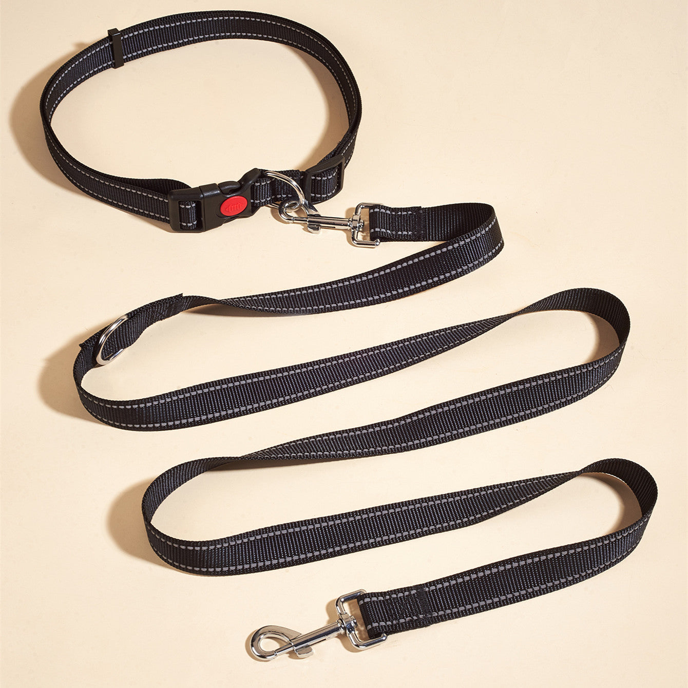 HKM-3954237 Hands-Free Pet Shoulder Traction Lead - Adjustable Nylon Harness, Black, 2.5cm Width, 180cm Length, Fits Waist 75-115cm