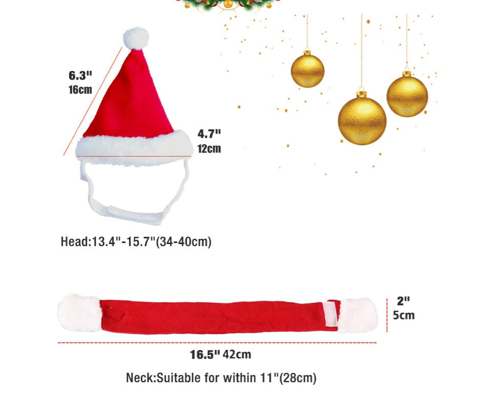 HKM-3955005 Red Short Plush Christmas Hat and Scarf Set for Small Pets