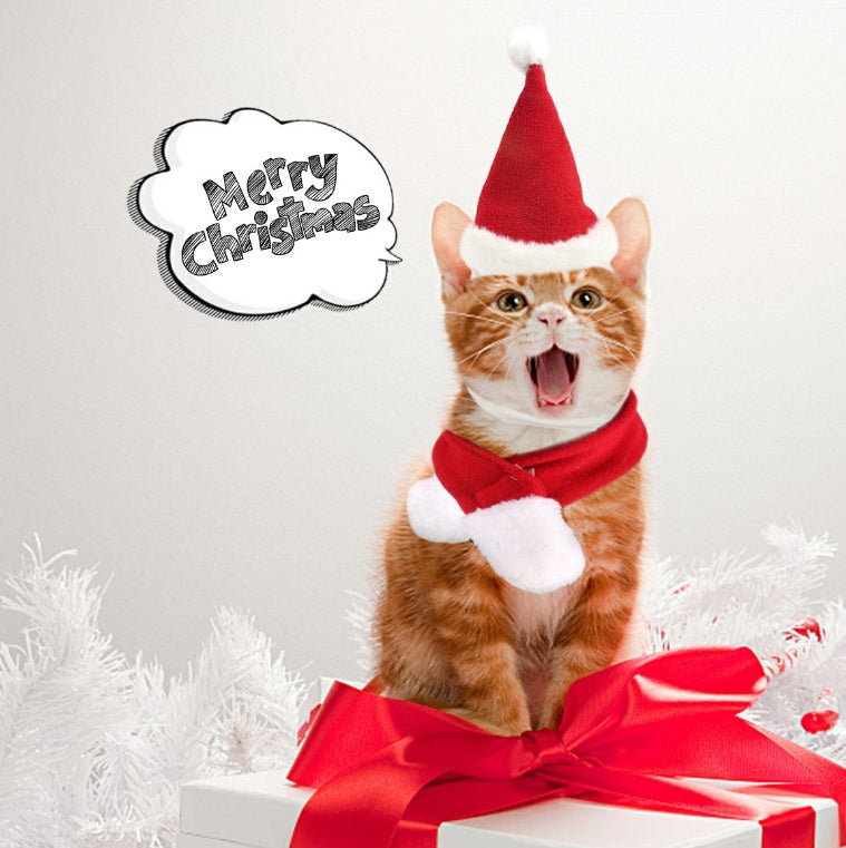 HKM-3955005 Red Short Plush Christmas Hat and Scarf Set for Small Pets