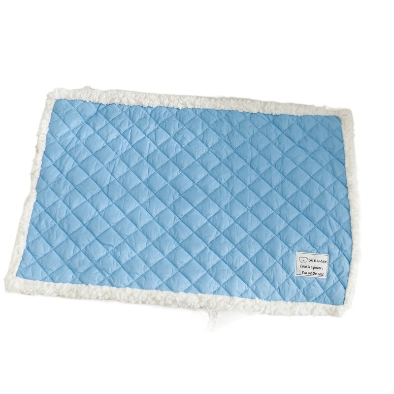 HKM-3956285 Warm Terry Pet Blanket for Cats - Quilted Cushion in Blue, Pink, Yellow, and Gray - Sizes M, L, XL