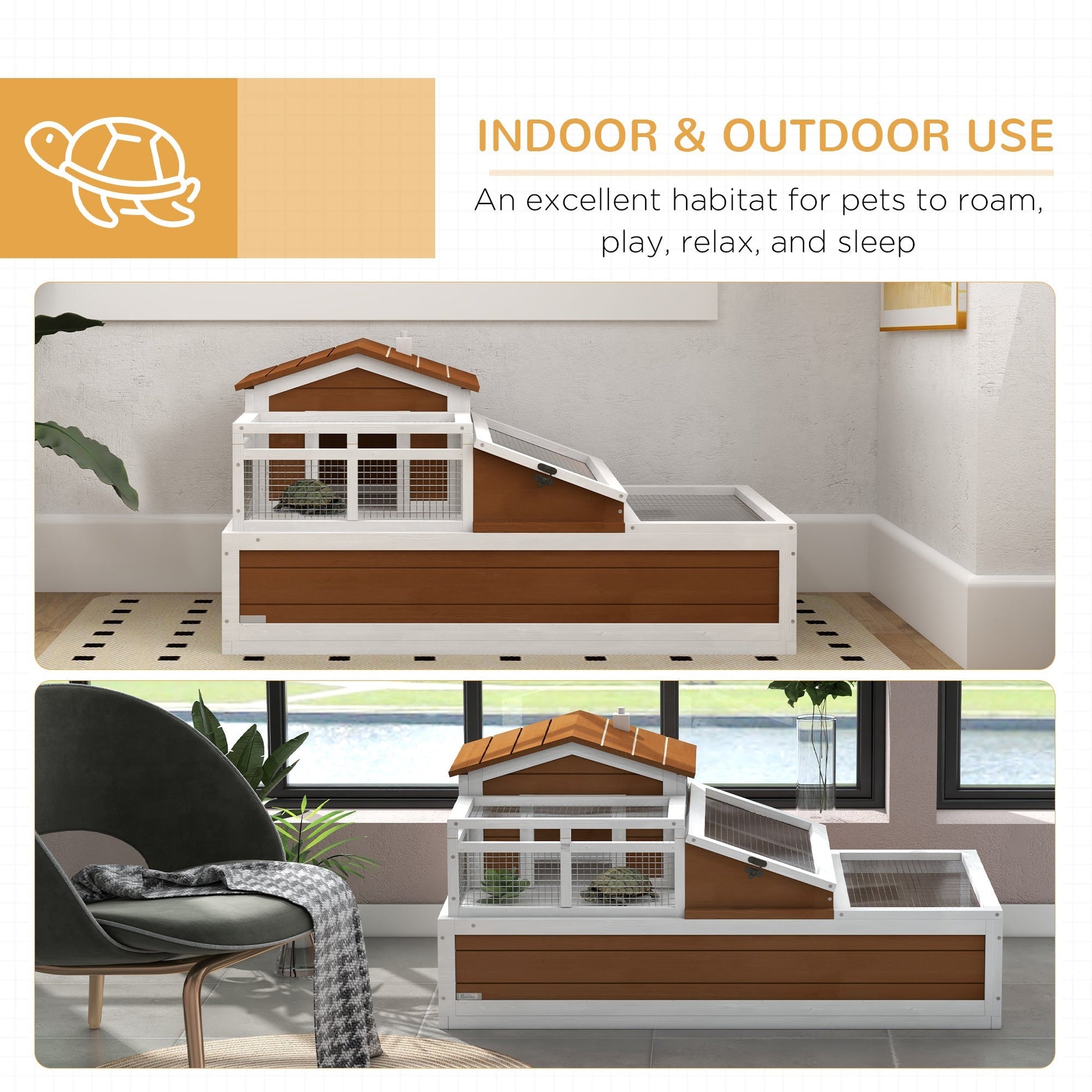 HKM-3958077 Three-Story Tortoise Habitat with Balcony, 44" x 25.5" x 25", Coffee Finish