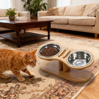 HKM-3958205 Adjustable Bamboo Pet Feeding Stand with Tilted Bowl