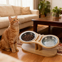 HKM-3958205 Adjustable Bamboo Pet Feeding Stand with Tilted Bowl
