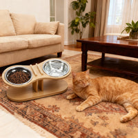 HKM-3958205 Adjustable Bamboo Pet Feeding Stand with Tilted Bowl