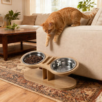 HKM-3958205 Adjustable Bamboo Pet Feeding Stand with Tilted Bowl