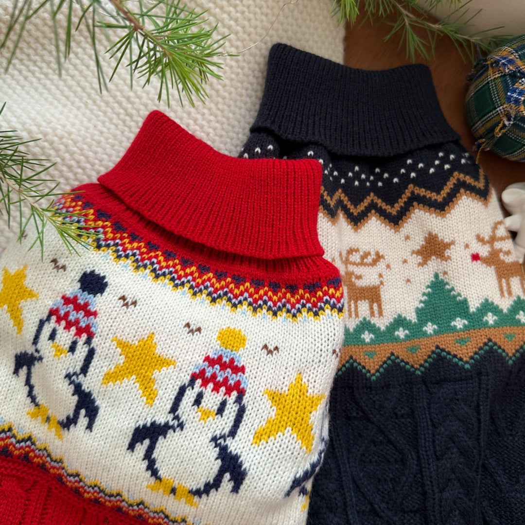 HKM-3959997 Festive Red Penguin & Navy Elk Dog and Cat Sweaters - Casual Polyester Pet Clothing in Sizes XS to XXL
