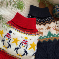 HKM-3959997 Festive Red Penguin & Navy Elk Dog and Cat Sweaters - Casual Polyester Pet Clothing in Sizes XS to XXL