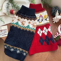 HKM-3959997 Festive Red Penguin & Navy Elk Dog and Cat Sweaters - Casual Polyester Pet Clothing in Sizes XS to XXL