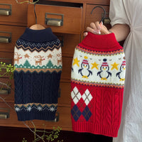 HKM-3959997 Festive Red Penguin & Navy Elk Dog and Cat Sweaters - Casual Polyester Pet Clothing in Sizes XS to XXL