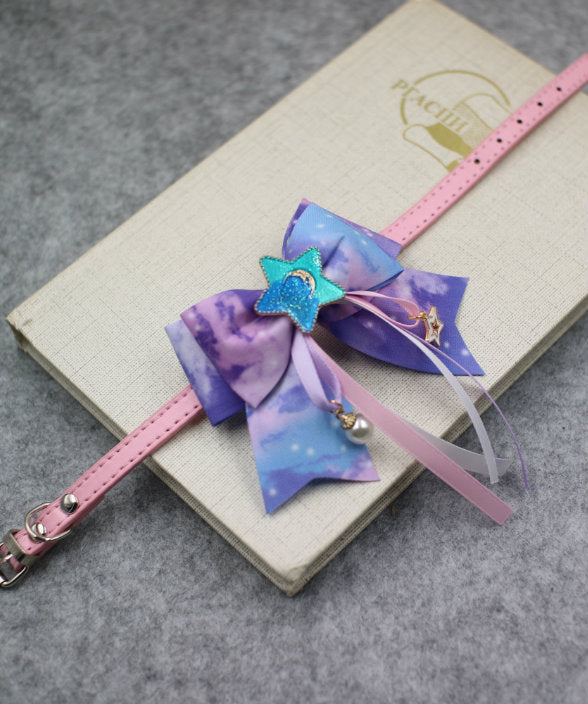 HKM-3962173 Colorful Starry Sky Bowknot Pet Collar with Lace for Cats and Dogs in Various Sizes