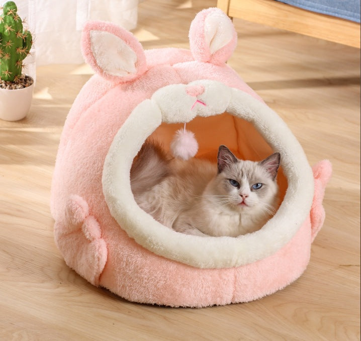 HKM-3963453 Cozy Semi-Closed Pink Screaming Rabbit Cat House for Autumn and Winter - Various Sizes Available