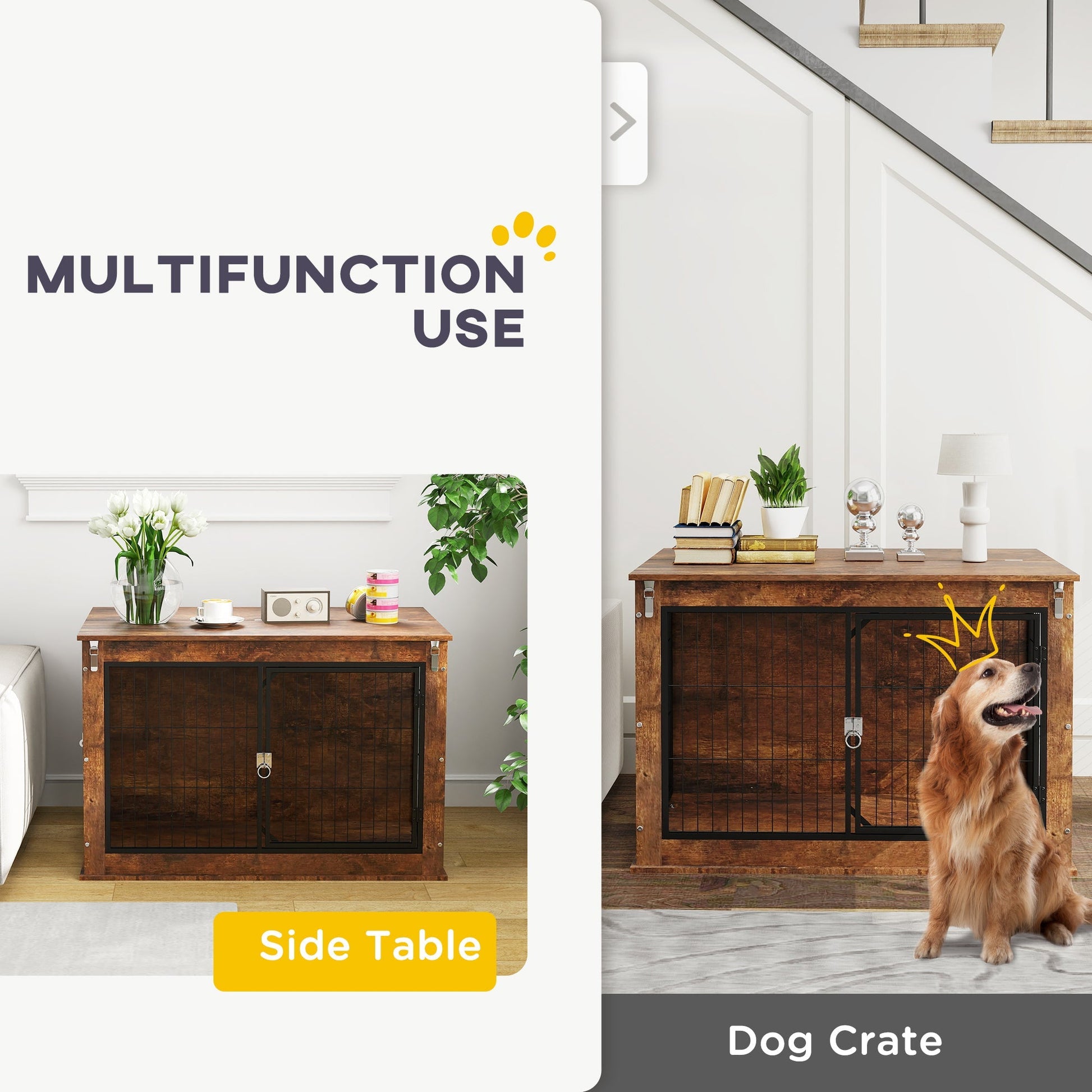 HKM-3963837 Rustic Brown 39" Dog Crate Furniture with Flip-top, Dual Doors, Ideal for Large Dogs