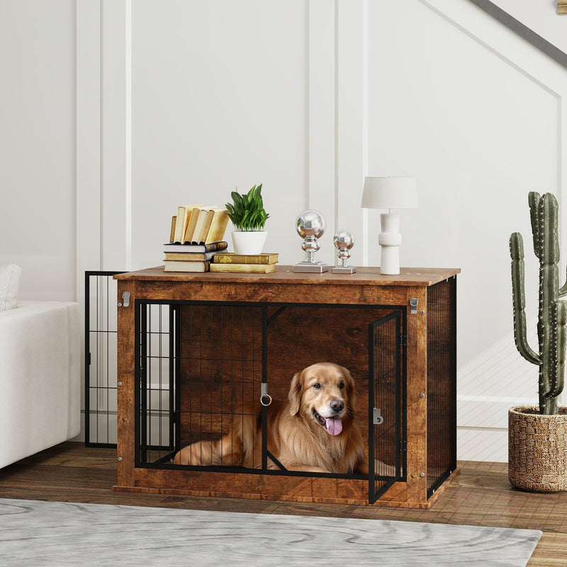 HKM-3963837 Rustic Brown 39" Dog Crate Furniture with Flip-top, Dual Doors, Ideal for Large Dogs