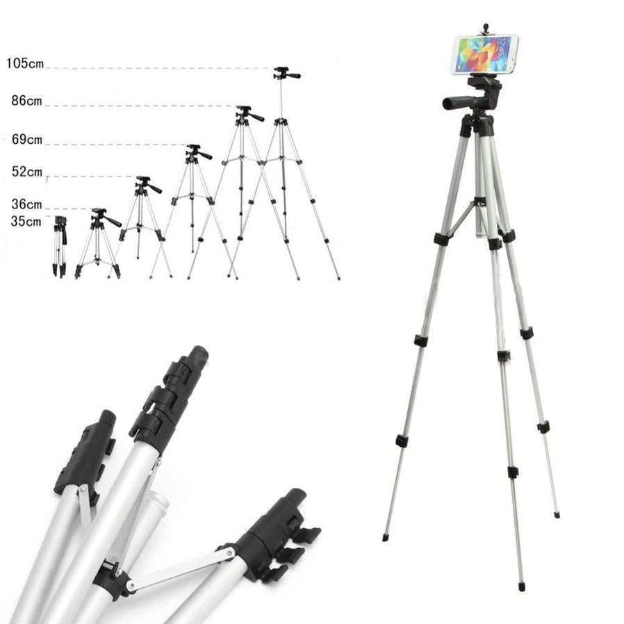 HKM-396691 Portable Aluminum Alloy Tripod Compatible with Digital Cameras and iPhone Models, 4 Sections, Adjustable Height 350-1060 mm, 1.5 kg Load Capacity, White