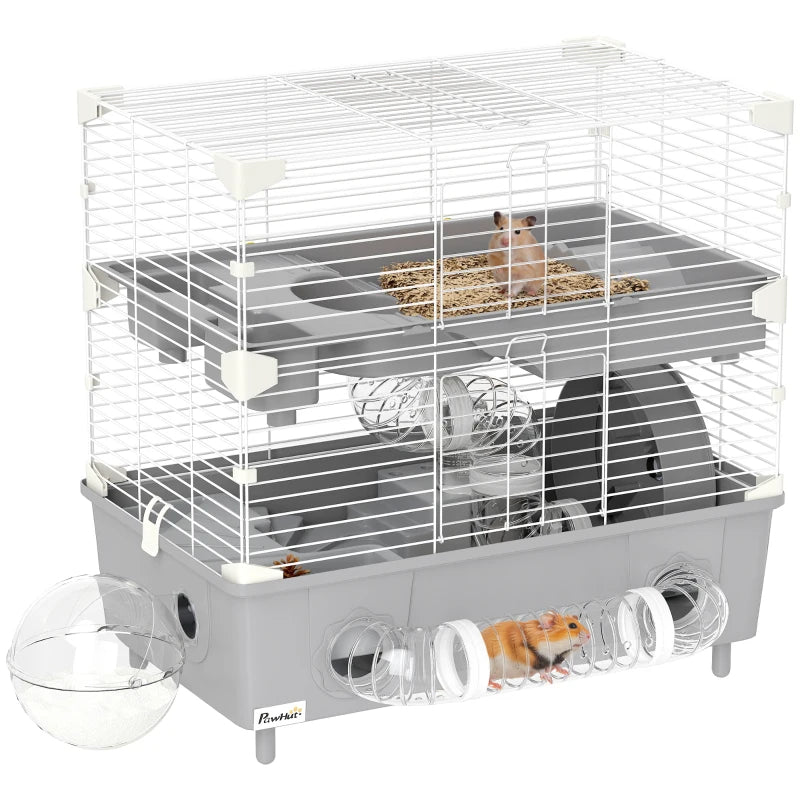 HKM-3969597 2-Tier Hamster Cage with Sand Bathroom, Running Wheel, Water Bottle, and Tubes - Gray
