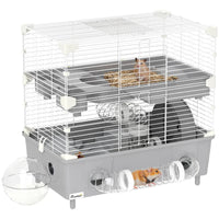 HKM-3969597 2-Tier Hamster Cage with Sand Bathroom, Running Wheel, Water Bottle, and Tubes - Gray