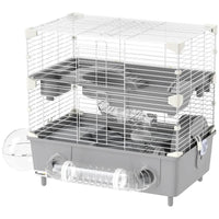 HKM-3969597 2-Tier Hamster Cage with Sand Bathroom, Running Wheel, Water Bottle, and Tubes - Gray
