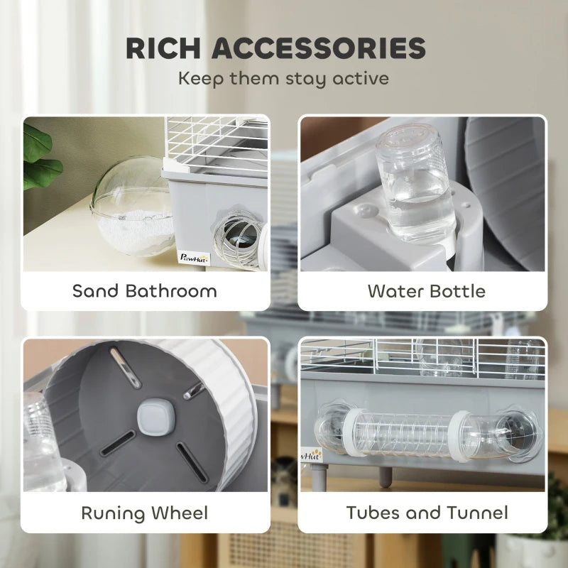 HKM-3969597 2-Tier Hamster Cage with Sand Bathroom, Running Wheel, Water Bottle, and Tubes - Gray