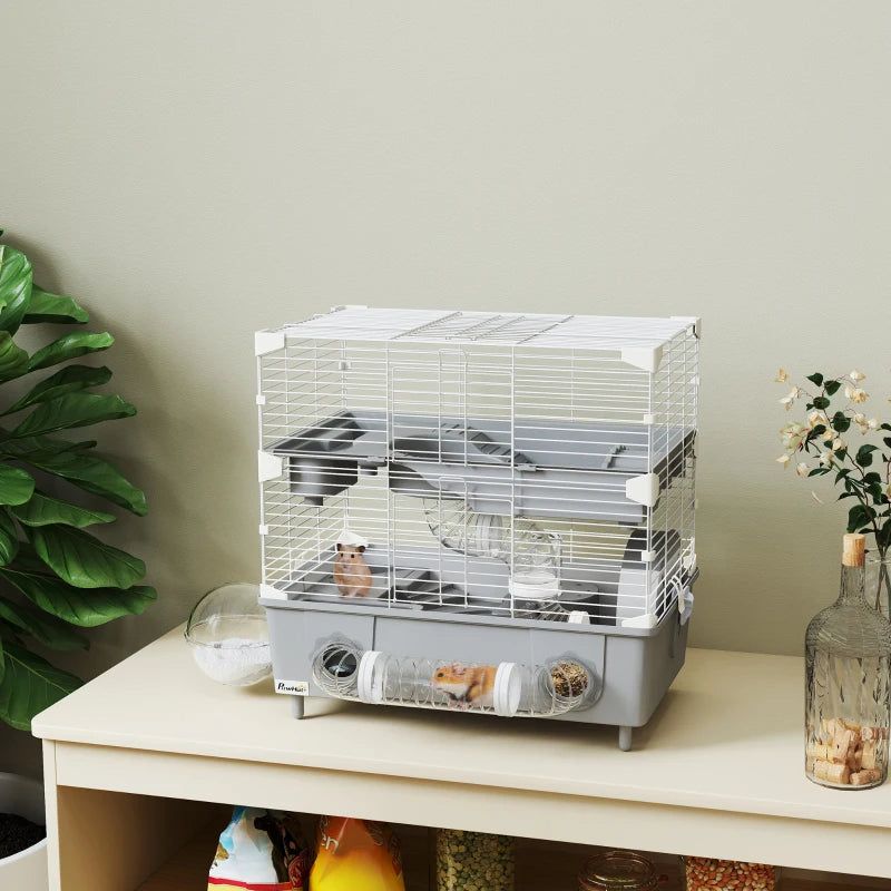 HKM-3969597 2-Tier Hamster Cage with Sand Bathroom, Running Wheel, Water Bottle, and Tubes - Gray