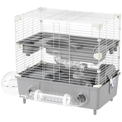 HKM-3969597 2-Tier Hamster Cage with Sand Bathroom, Running Wheel, Water Bottle, and Tubes - Gray