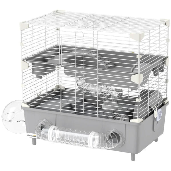 HKM-3969597 2-Tier Hamster Cage with Sand Bathroom, Running Wheel, Water Bottle, and Tubes - Gray