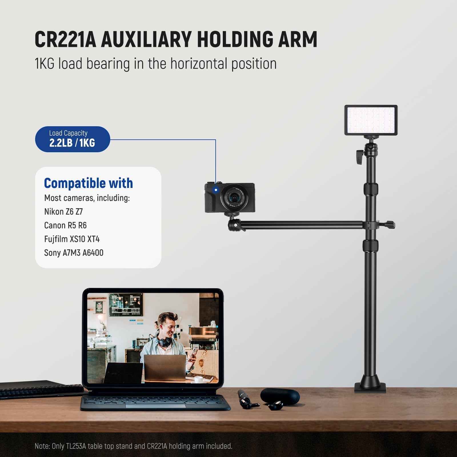 HKM-397331 Adjustable Metal Desktop Photography Stand with Cross Arm, Load Bearing 1KG