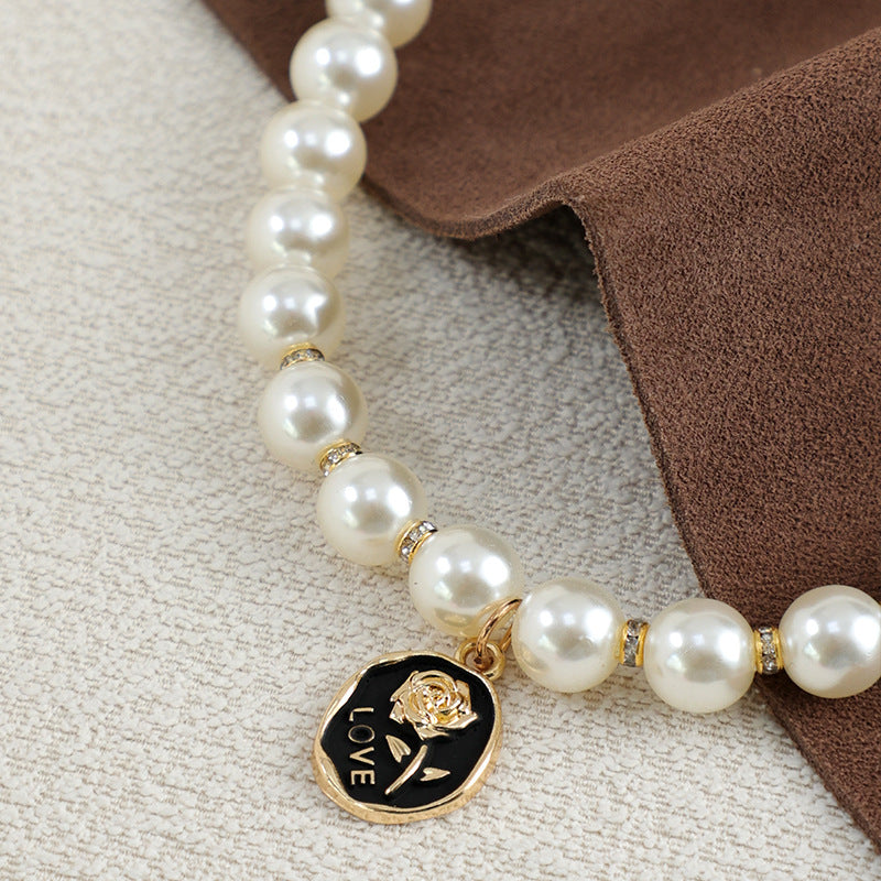 HKM-3973693 Pet Flower Pearl Necklace Collar - White Rose & Black Rose in Sizes S, M, L