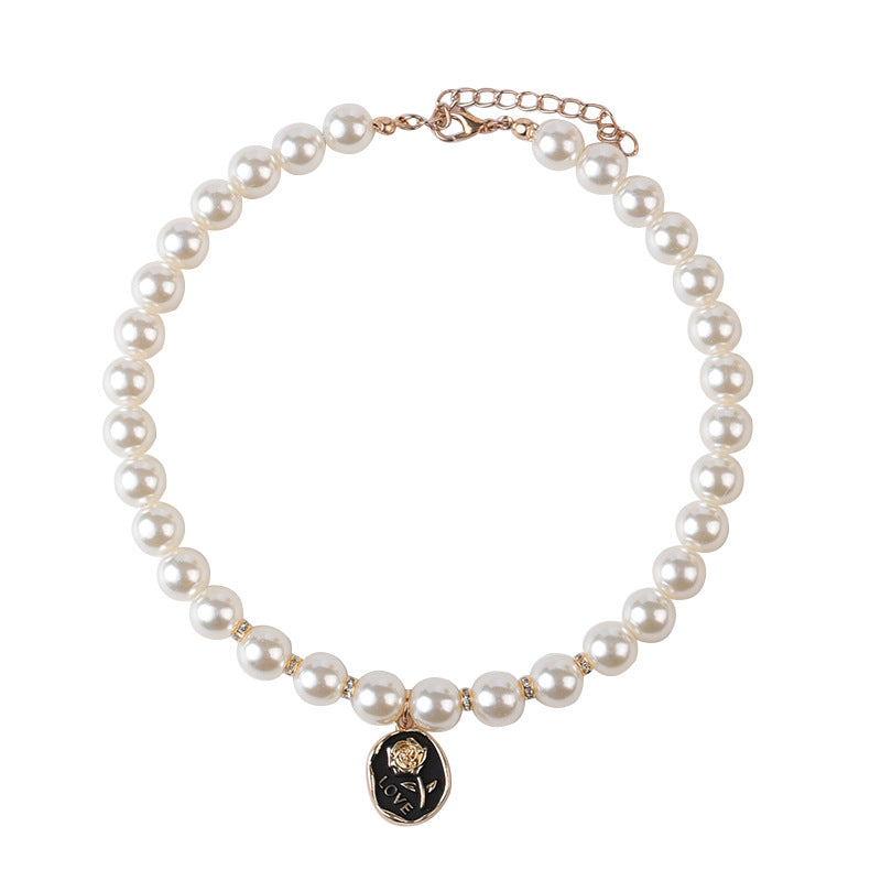 HKM-3973693 Pet Flower Pearl Necklace Collar - White Rose & Black Rose in Sizes S, M, L