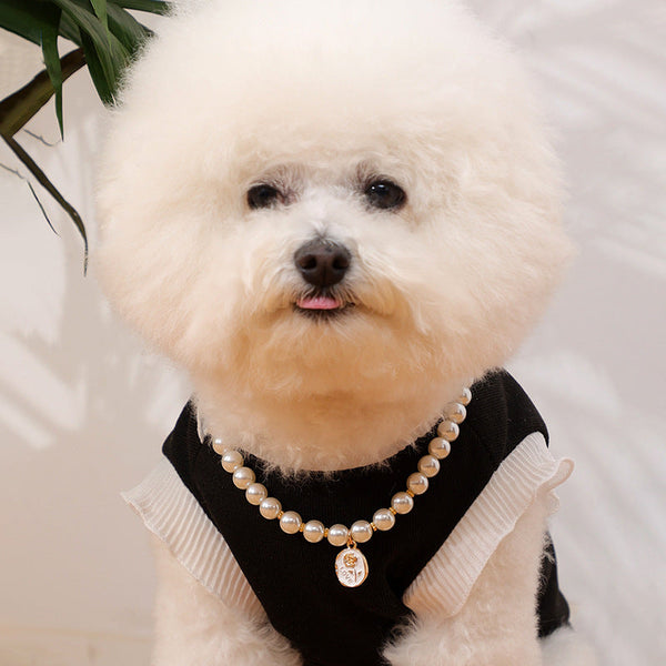HKM-3973693 Pet Flower Pearl Necklace Collar - White Rose & Black Rose in Sizes S, M, L