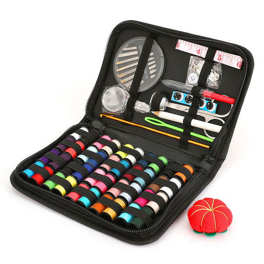 HKM-398291 92-Piece Household Sewing Kit with Thread, Needles, Scissors, and Accessories in Black Storage Box