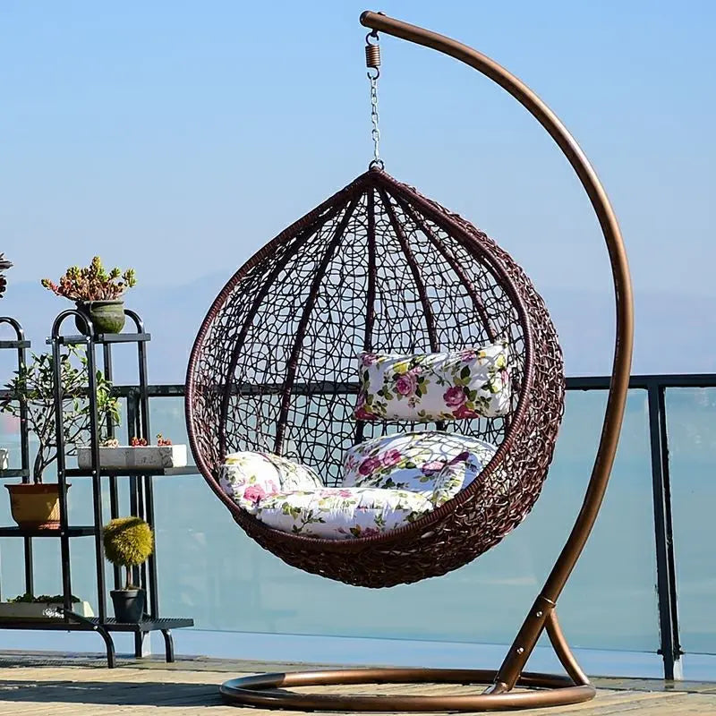 HKM-398483 Outdoor Rattan Egg Chair Swing with Metal Stand for Single Adult Use in Custom Colours