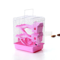 HKM-3985085 Three-Storey Hamster Cage with Accessories - Plastic and Iron Wire Construction, Spacious Design in Blue, Pink, Brown