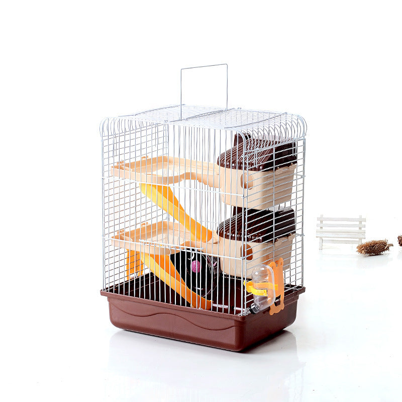 HKM-3985085 Three-Storey Hamster Cage with Accessories - Plastic and Iron Wire Construction, Spacious Design in Blue, Pink, Brown