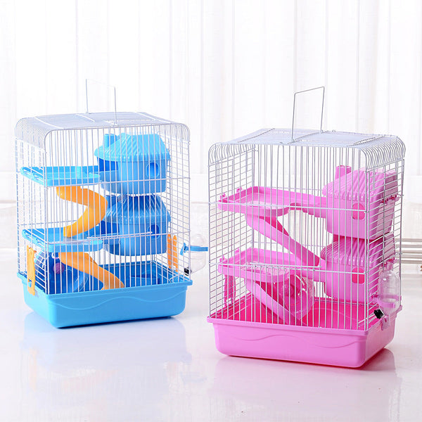 HKM-3985085 Three-Storey Hamster Cage with Accessories - Plastic and Iron Wire Construction, Spacious Design in Blue, Pink, Brown