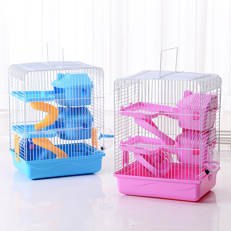HKM-3985085 Three-Storey Hamster Cage with Accessories - Plastic and Iron Wire Construction, Spacious Design in Blue, Pink, Brown