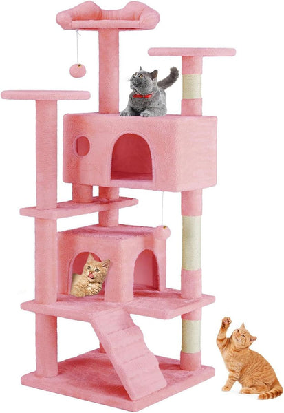 HKM-398931 Multi-Level Cat Tree with Sisal Posts, Plush Toys, and Cozy Rest Areas for Indoor Cats