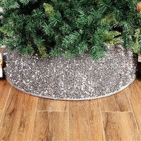 HKM-399059 Silver Gray Sequin Christmas Tree Skirt with Pastoral Cartoon Design, 61cm Upper Diameter, 77cm Lower Diameter, 26cm Height