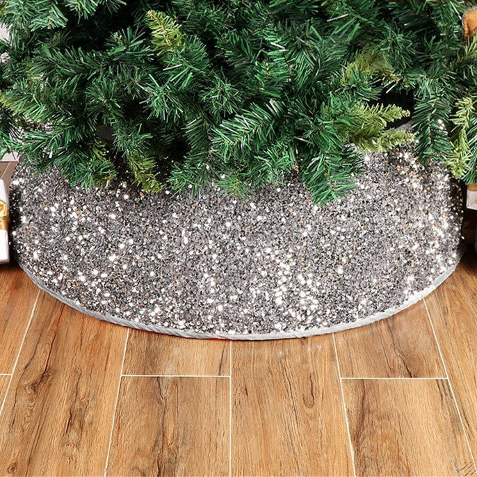 HKM-399059 Silver Gray Sequin Christmas Tree Skirt with Pastoral Cartoon Design, 61cm Upper Diameter, 77cm Lower Diameter, 26cm Height