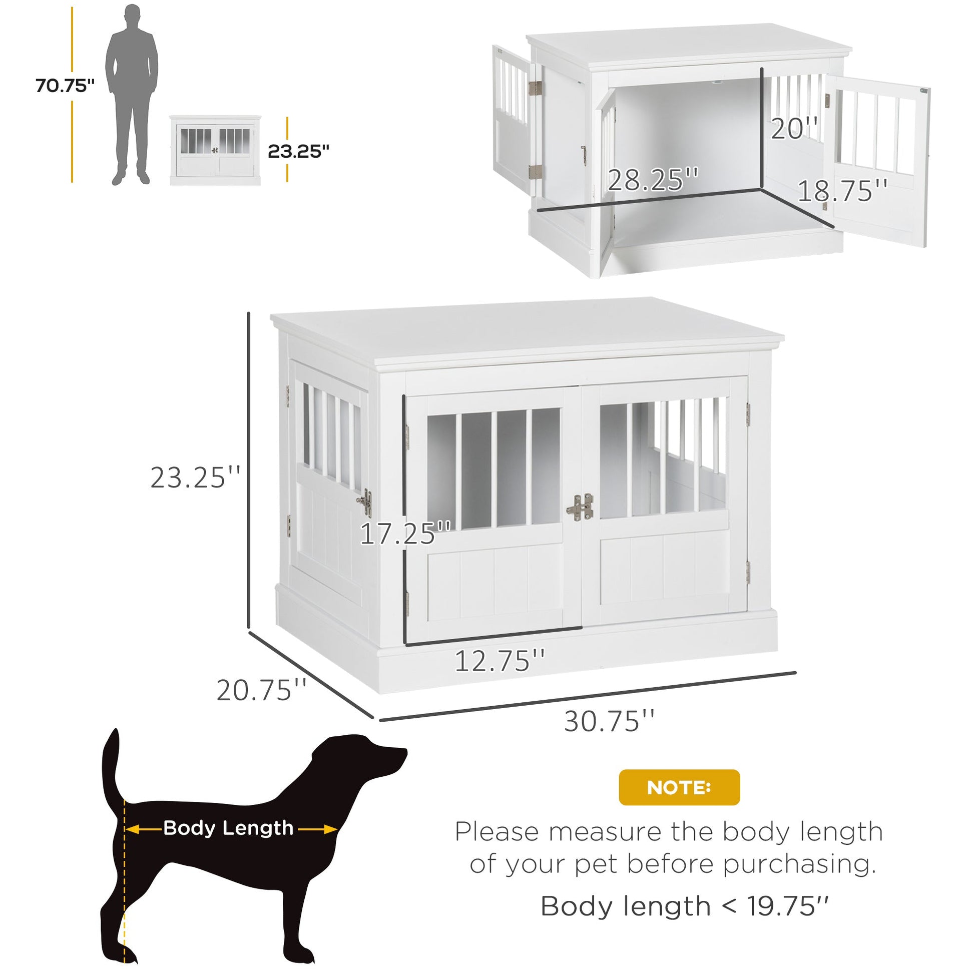 HKM-3990845 White Wooden Dog Crate End Table with Triple Doors for Small Dogs Indoor Use