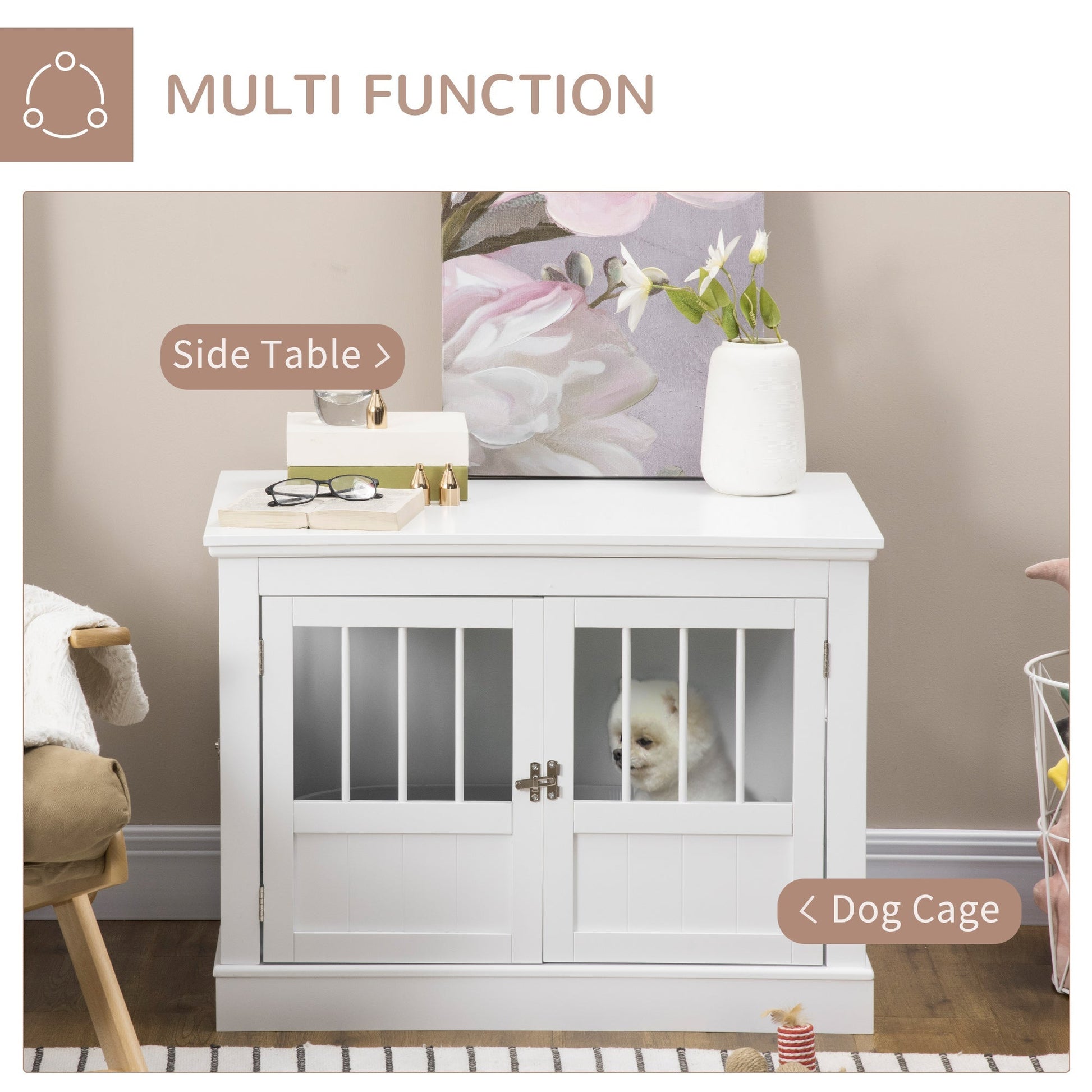 HKM-3990845 White Wooden Dog Crate End Table with Triple Doors for Small Dogs Indoor Use