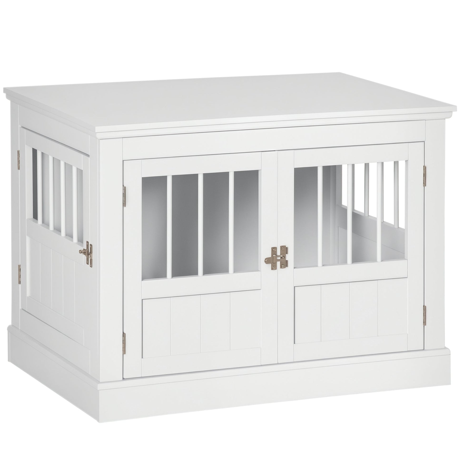 HKM-3990845 White Wooden Dog Crate End Table with Triple Doors for Small Dogs Indoor Use