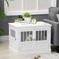 HKM-3990845 White Wooden Dog Crate End Table with Triple Doors for Small Dogs Indoor Use