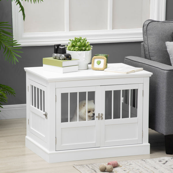 HKM-3990845 White Wooden Dog Crate End Table with Triple Doors for Small Dogs Indoor Use
